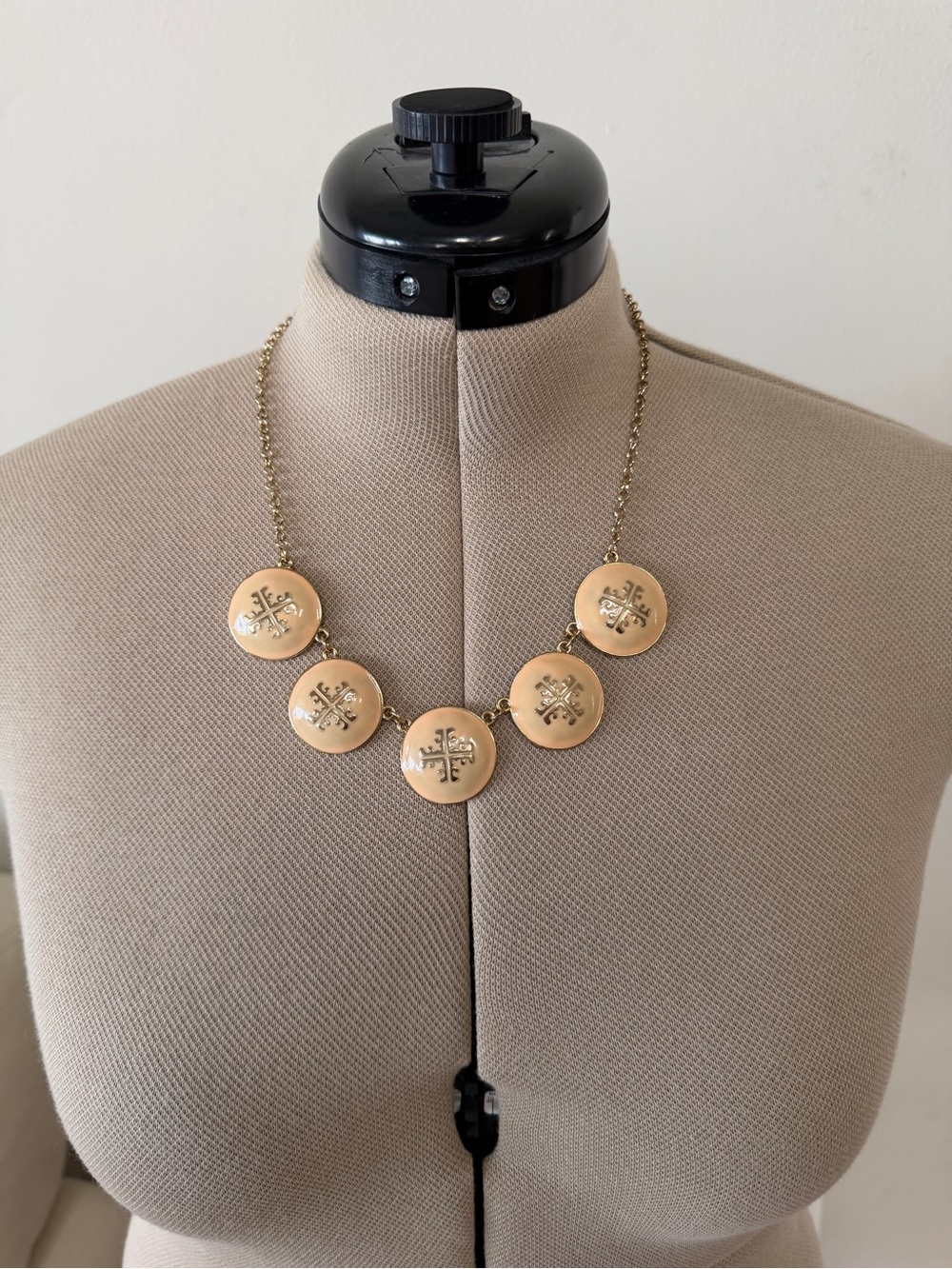 Tory Burch Peach Enamel Gold Tone Station Statement Logo Necklace
